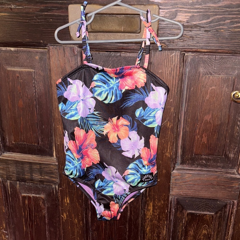 Justice Black Floral Kids Swim One Piece